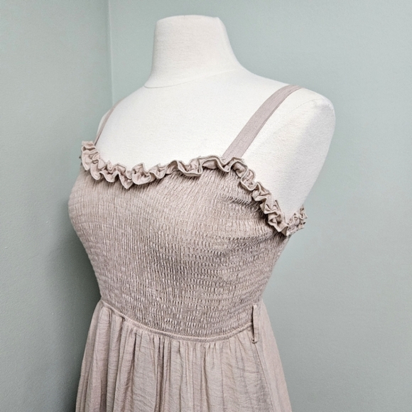 Blu Ivy Smocked Ruffle Midi Dress Beige Latte Cottagecore Bohemian Summer Beach - Picture 13 of 16